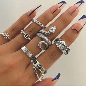 7 Gothic Vintage Heart Snake Rings Set Silver